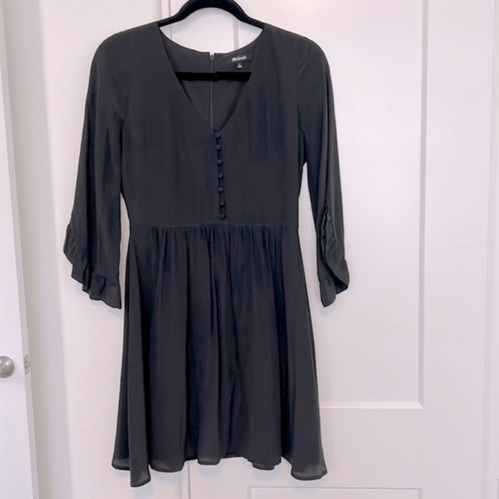 Madewell Black Silk Ruffle Sleeve Mini Dress